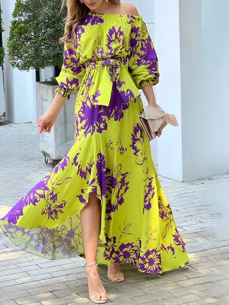 

Vacation Cold Shoulder Floral Regular Fit Dress With Belt, Yellow, Maxi Dresses