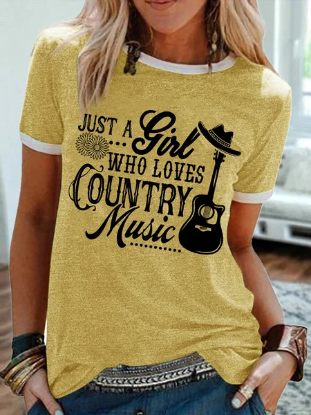 

Women's Just A Girl Who Loves Country Music Funny Graphic Printing Casual Cotton-Blend Regular Fit T-Shirt, Yellow, T-shirts