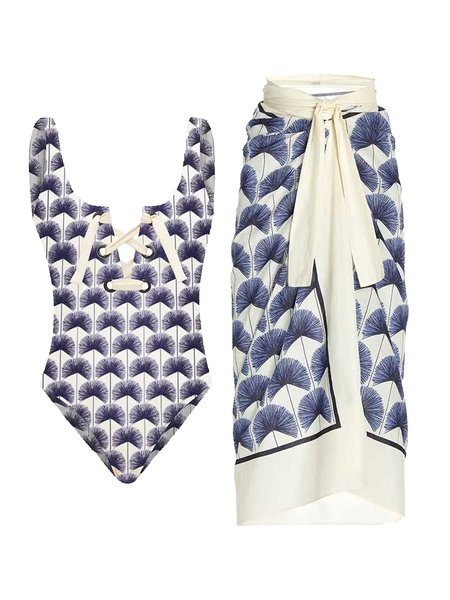 

Geometric Printing V Neck Casual One Piece With Cover Up, Blue, Swimsuit with Coverups