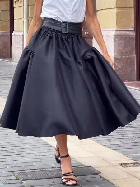 

Loose Lightweight Plain Elegant Midi Skirt, Black, Skirts