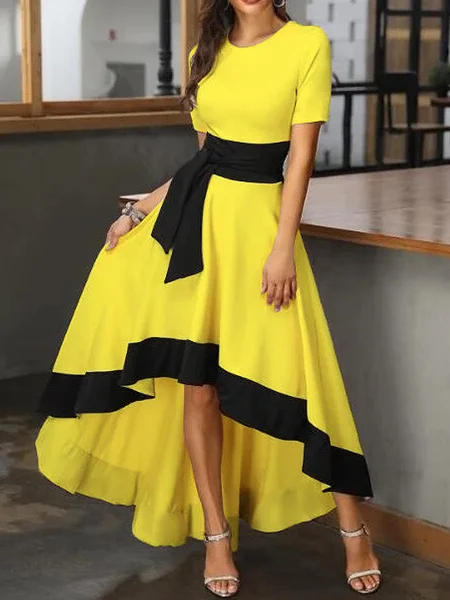 

High Elasticity Regular Fit Crew Neck Short sleeve Elegant Maxi Dress With Belt, Yellow, Maxi Dresses