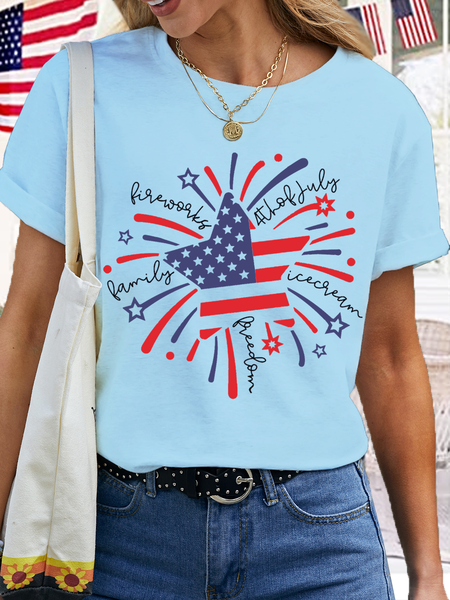 

Women's Firework American Flag 4th of July Cotton T-Shirt, Light blue, T-shirts