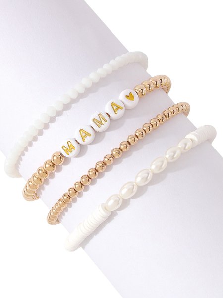

Casual MAMA Alphabet Pearl Crystal Beaded Layered Bracelet Vacation Women's Jewelry, White, Bracelets