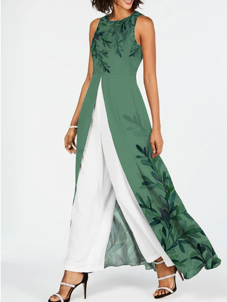 

Casual Floral Crew Neck Jumpsuit, Green, Jumpsuits＆Rompers