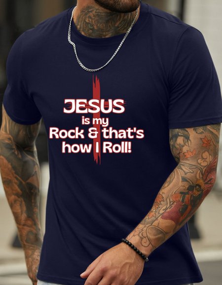 

Lilicloth X Kat8lyst Jesus Is My Rock That’s How I Roll Men’s Faith Casual Cotton T-Shirt, Dark blue, T-shirts