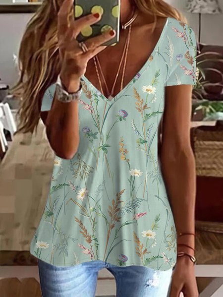 

V Neck Casual Floral Loose T-Shirt, Green, T-Shirts