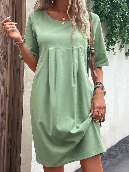 

Casual Plain Crew Neck Pocket Green Round Neck Shift Dress, Dresses