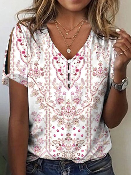 

Casual Loose V Neck T-Shirt, White, T-Shirts