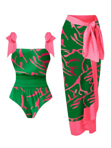 

Square Neck Vacation Printing Color Block One Piece With Cover Up, Green, Swimsuit with Coverups