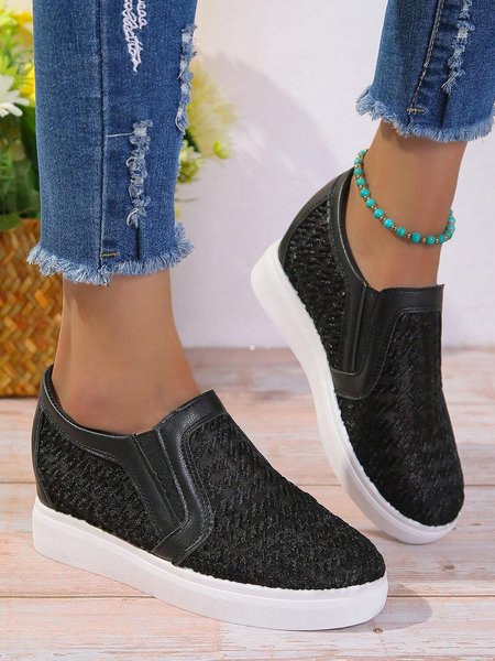 

Breathable Mesh Houndstooth Casual Wedge Slip On Shoes, Black, Flats