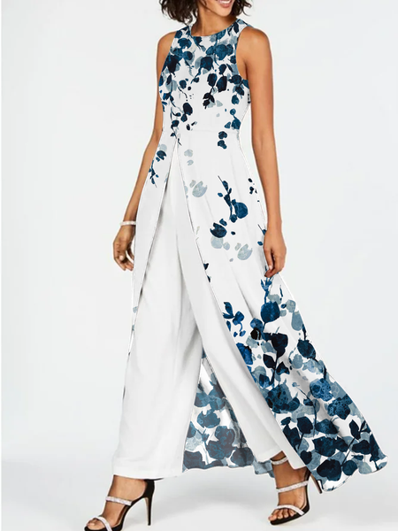 

Crew Neck Floral Casual Jersey Jumpsuit, White, Jumpsuits＆Rompers