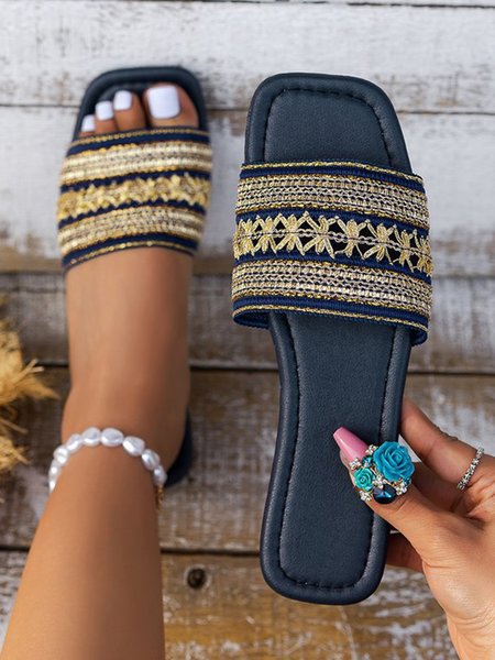 

Bohemian Ethnic Embroidered Pattern Beach Sandals, Navyblue, Sandals
