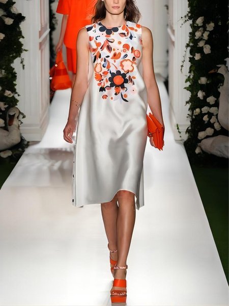 

Vacation Crew Neck Regular Fit Floral Dress, As picture, Midi Dresses
