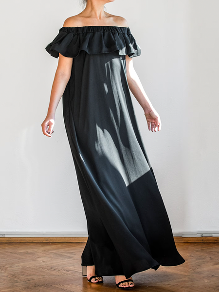 

Plain Cold Shoulder Vacation Short sleeve Maxi Dress With No, Black, Maxi Dresses