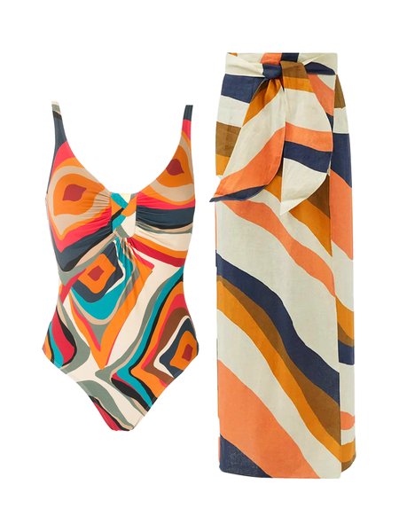 

Scoop Neck Geometric Printing Vacation One Piece With Cover Up, Orange, Swimsuit with Coverups