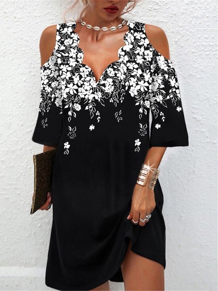 

Cold Shoulder Floral Loose Elegant Dress, Black, Dresses
