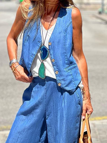 

Loose Lightweight Plain V neck Sleeveless Urban Vest, Denim blue, Vests and Gilets