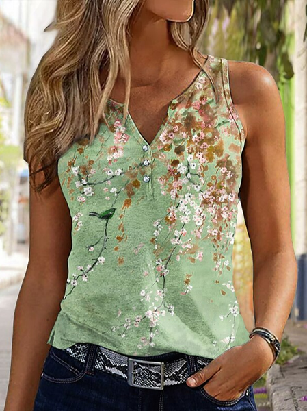 

Casual Loose V Neck Floral Tank Top, Green, Tanks & Camis