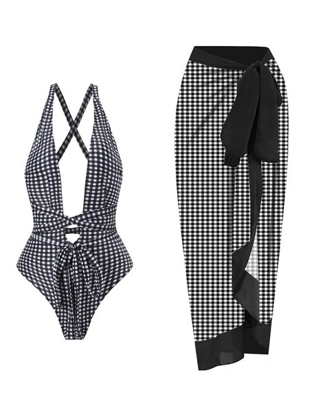

Printing V Neck Casual Geometric One Piece With Cover Up, Black, Swimsuit with Coverups