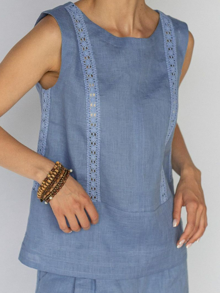 

Lace Casual Crew Neck Tank Top, Blue, Tanks & Camis