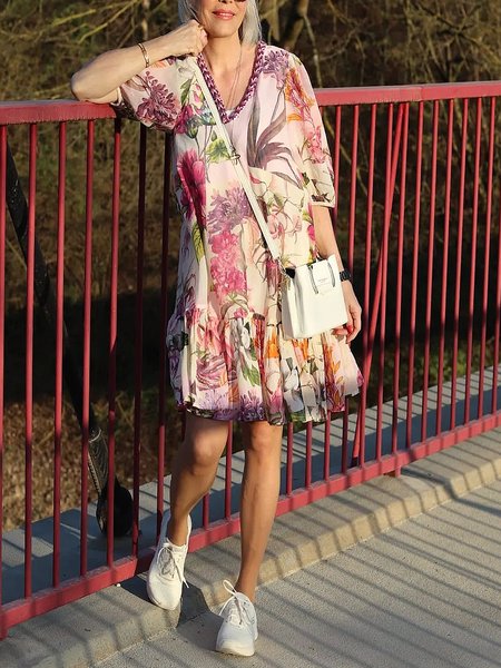 

Regular Fit V Neck Casual Floral Dress, As picture, Midi Dresses