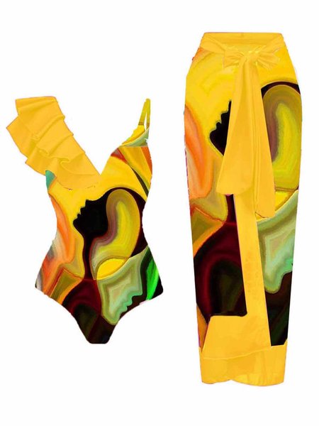 

Vacation Abstract Printing V neck One Piece With Cover Up, Yellow, Swimsuit with Coverups