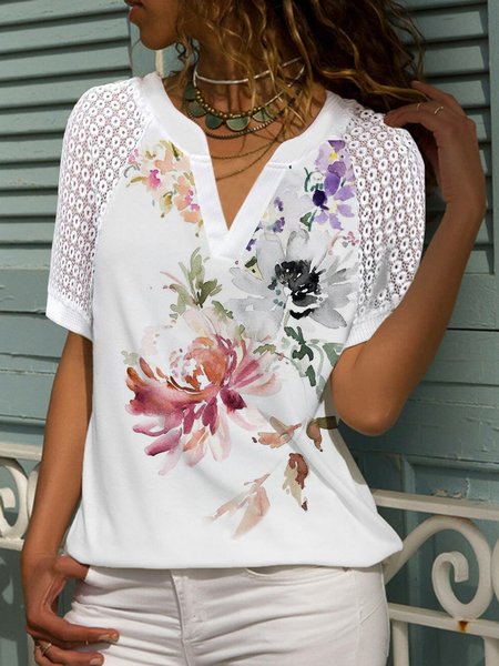 

Floral Crew Neck Loose Lace Casual T-Shirt, White, T-Shirts