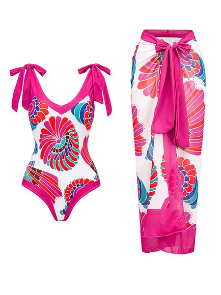 

Vacation Abstract Printing V Neck One Piece With Cover Up, Rose red, Swimsuit with Coverups
