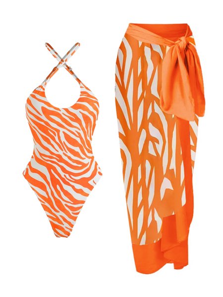 

Casual Striped Printing Scoop Neck One Piece With Cover Up, Orange, Swimsuit with Coverups