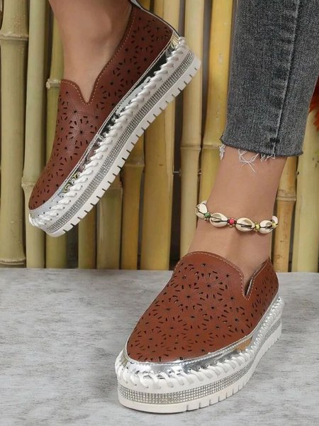 

Casual Breathable Hollow out Rhinestone Slip On Shoes, Brown, Flats