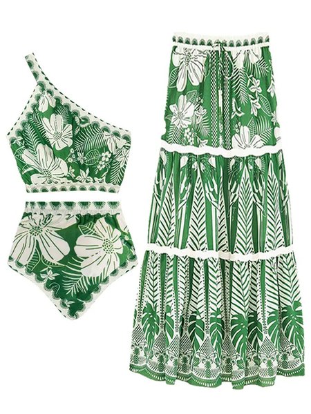 

Vacation One Shoulder Floral Bikini With Cover Up, Green, Swimsuit with Coverups