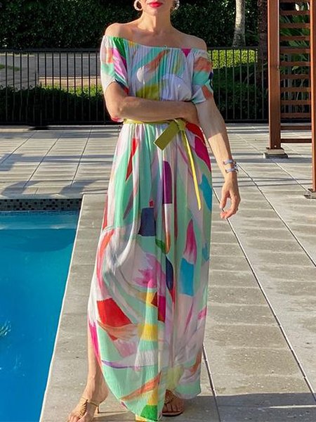 

Cold Shoulder Regular Fit Geometric Elegant Dress, As picture, Maxi Dresses