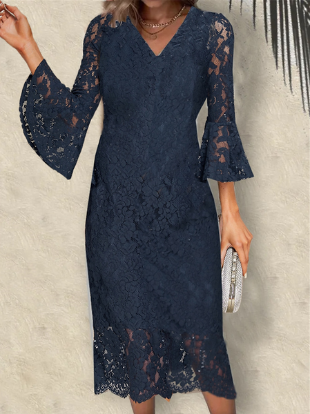 

Elegant V Neck Flare Sleeve Tight Dress, Dark blue, Formal Dresses