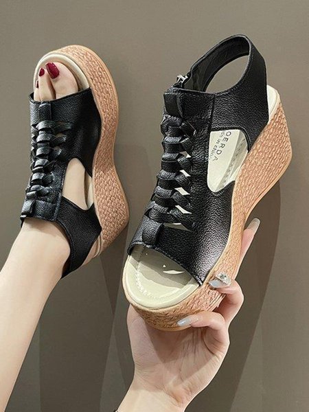 

Casual Hollow out Braided Side Zip Wedge Sandals, Black, Sandals