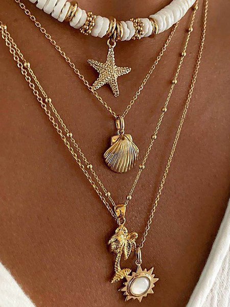 

Vacation Starfish Shell Beaded Tiered Necklace Boho Women's Jewelry, Golden, Necklaces
