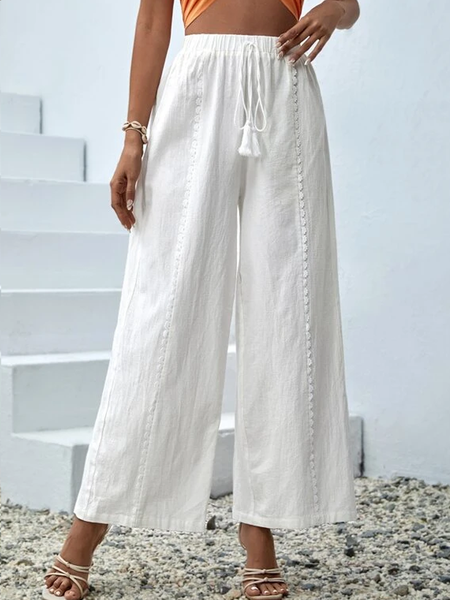 

Casual Plain Cotton Loose Pants, White, Pants