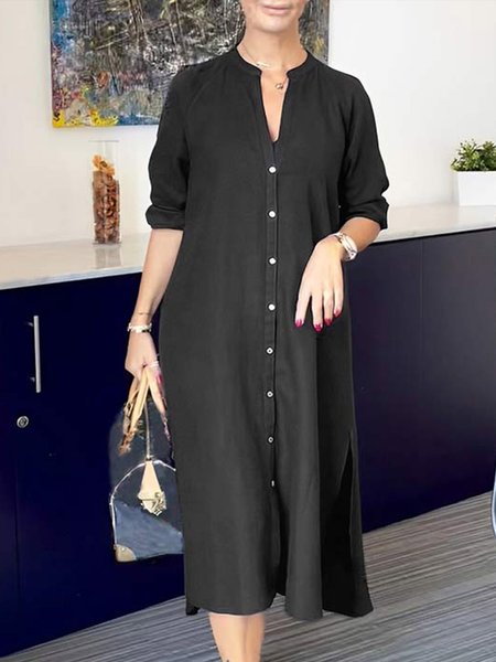 

V Neck Loose Urban Plain Dress, Black, Midi Dresses
