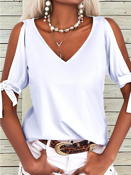 

V Neck Bow Casual Loose Plain Shirt, White, Shirts & Blouses
