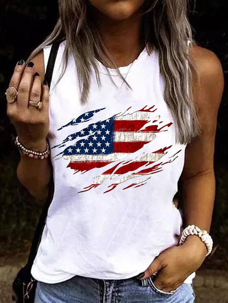 

Women's AMERICAN FLAG BREAK OFF Crew Neck Casual Tank Top, White, Tank Tops