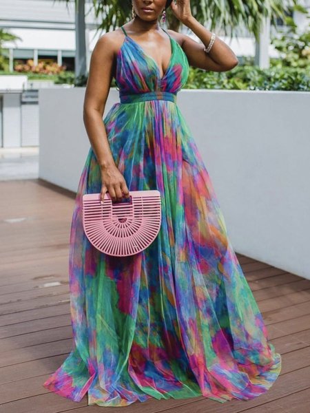 

Regular Fit Spaghetti Vacation Dress, Multicolor, Maxi Dresses