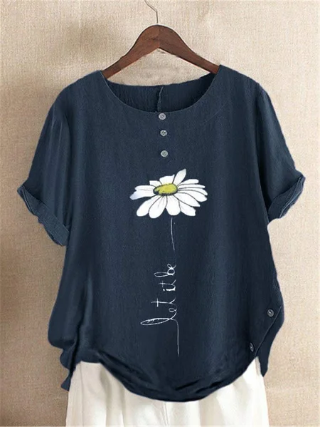 

Women Casual Crew Neck Daisy Floral Buttoned Loose Summer Short Sleeve Blouse, Navy blue, Blouses & Shirts