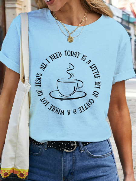

Women's Coffee and Jesus Cotton Loose Simple T-Shirt, Light blue, T-shirts