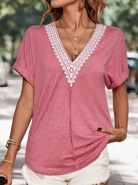 

Lace Casual Plain Regular Fit T-Shirt, Pink, T-Shirts