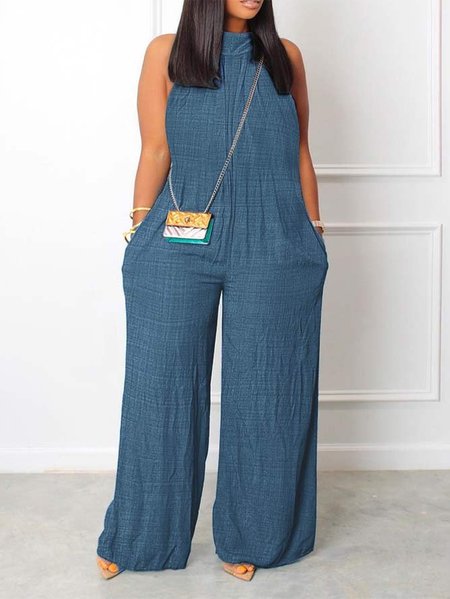 

Loose Casual Stand Collar Plain Sleeveless Jumpsuit, Blue, Jumpsuits