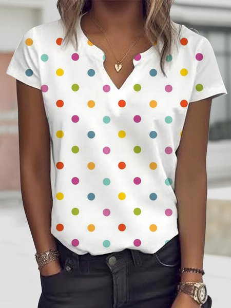 

Casual Loose Polka Dots Notched T-Shirt, White, T-Shirts