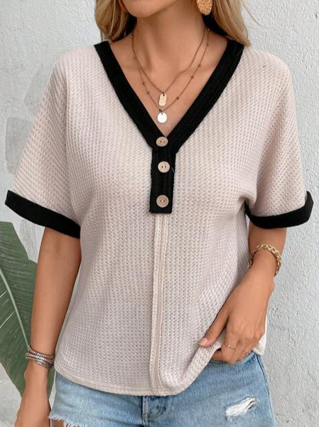

Casual Plain V Neck Loose T-Shirt, Apricot, T-Shirts