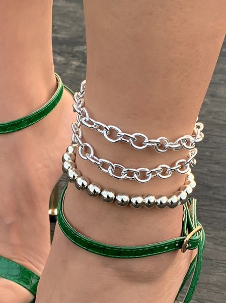 

3pcs Fashion Metal Chain Beaded Multilayer Anklet for Party Casual Vacation Women Jewelry, Silver, Anklets
