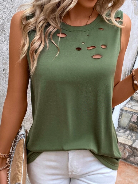 

Plain Crew Neck Vacation Cut Out Tank Top, Green, Tanks & Camis