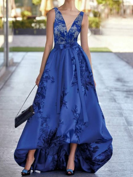 

Party Floral V Neck Lace Dress, Blue, Maxi Dresses