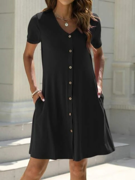 

Plain V Neck Casual Loose Dress, Black, Dresses